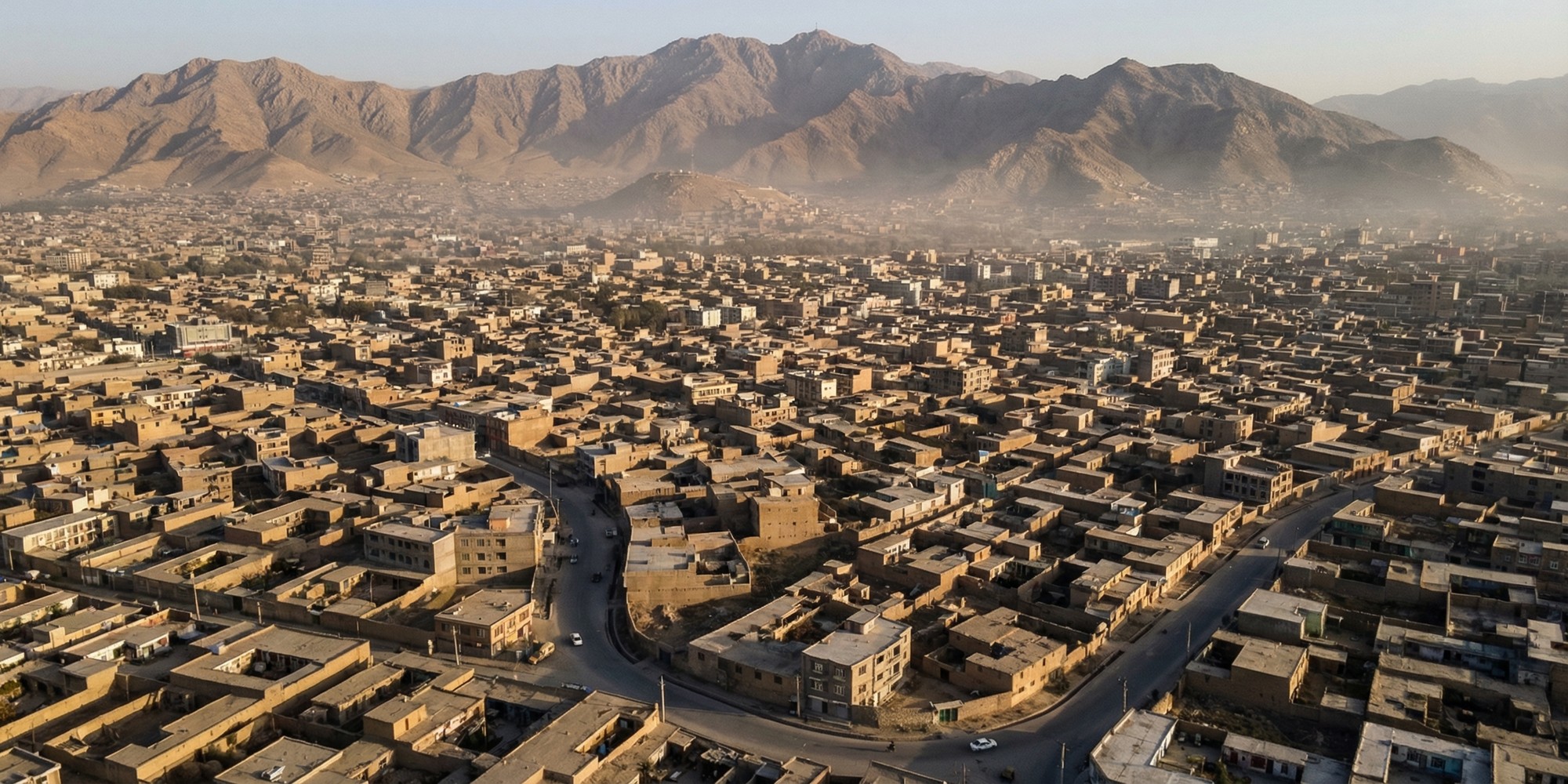 Aerial panoramic view of Kabul's cityscape at dusk with the Hindu Kush mountain range in the background, muted earth tones under golden hour light