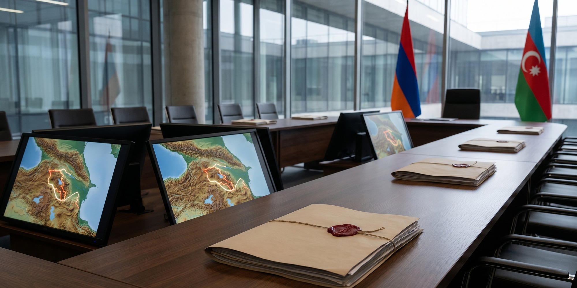 Diplomatic treaty folders and regional maps on an empty conference table with Armenia and Azerbaijan flags
