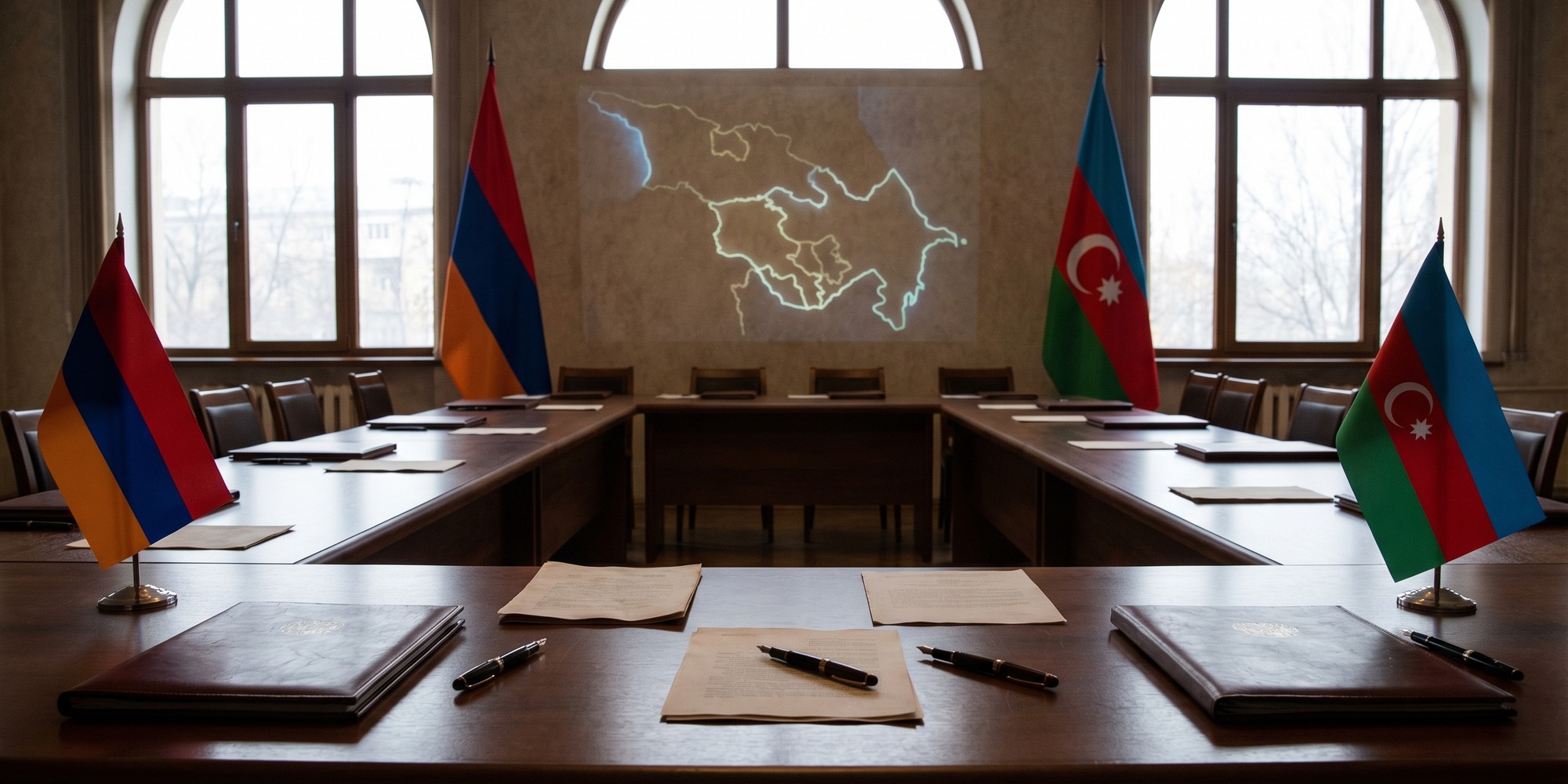 Empty diplomatic conference table with Armenia and Azerbaijan flags and unsigned treaty documents