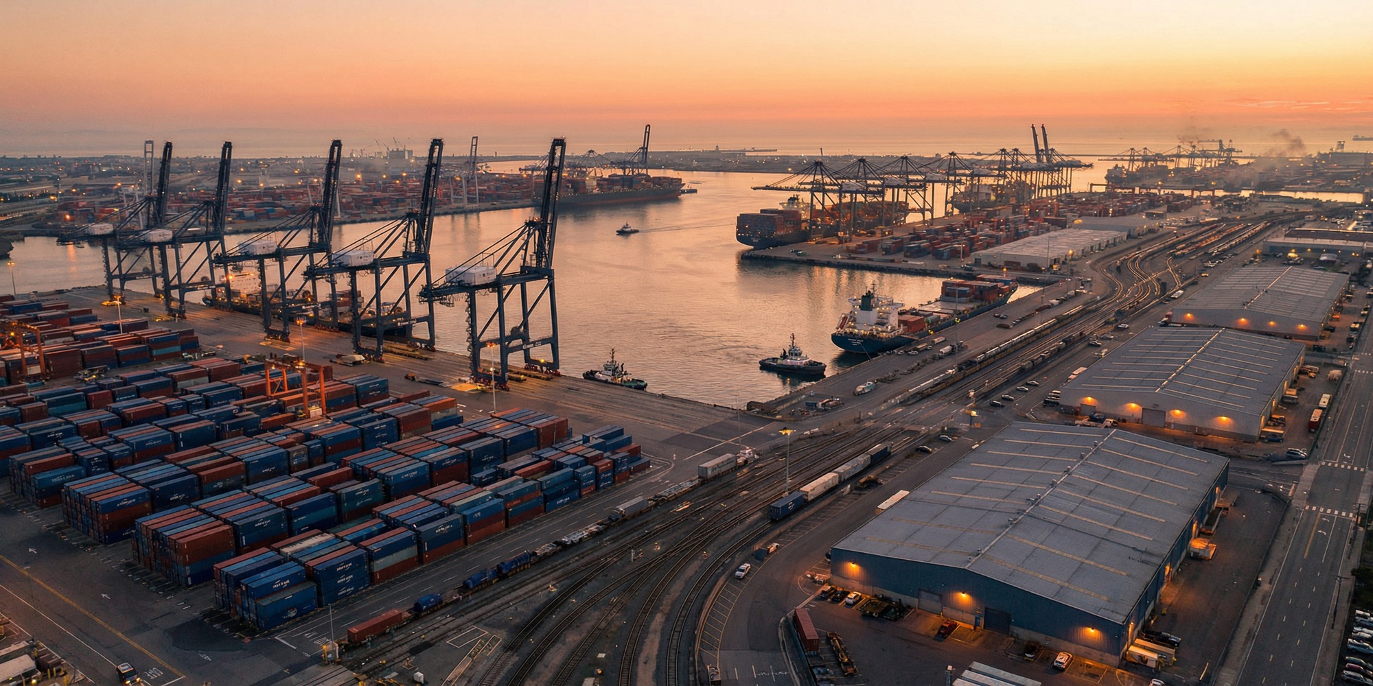 Aerial view of an international shipping port at golden hour, container cranes silhouetted against an orange sky, stacked shipping containers filling the foreground beside calm harbour water