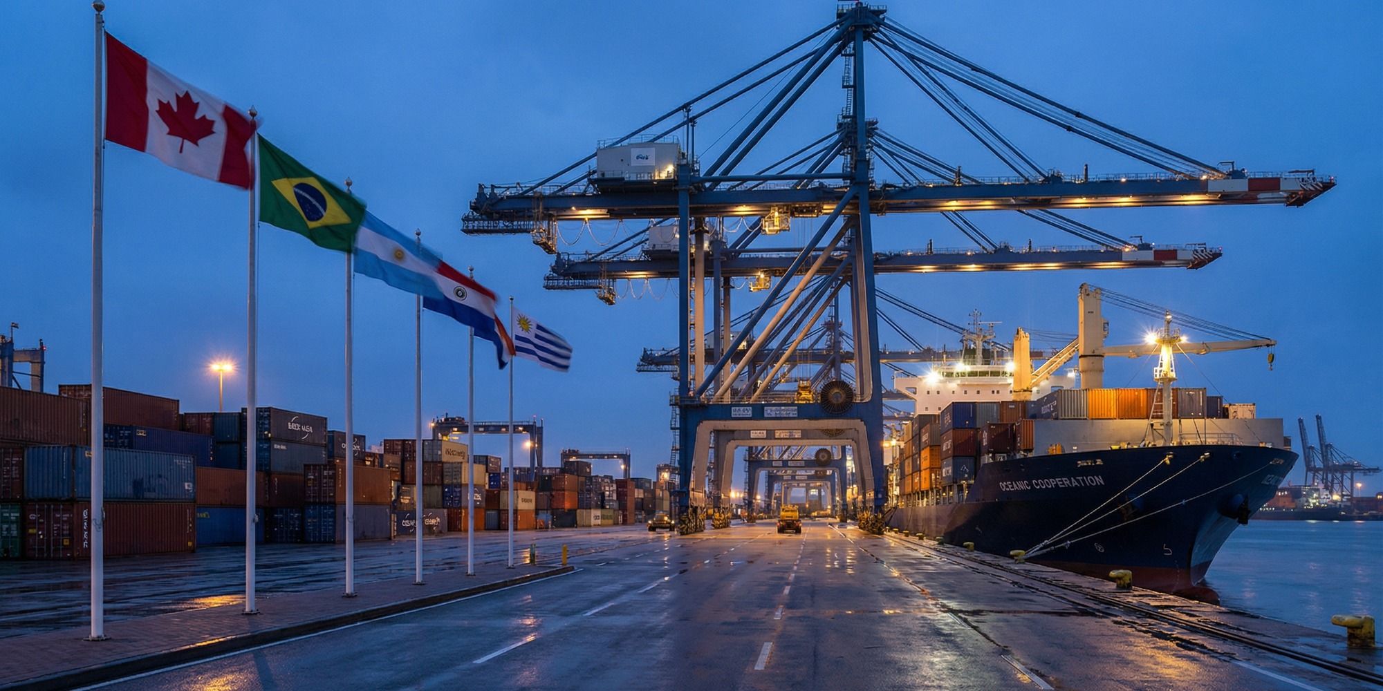 Container terminal at dusk with cargo cranes, stacked shipping containers, and national flags of Mercosur countries and Canada along a waterfront skyline