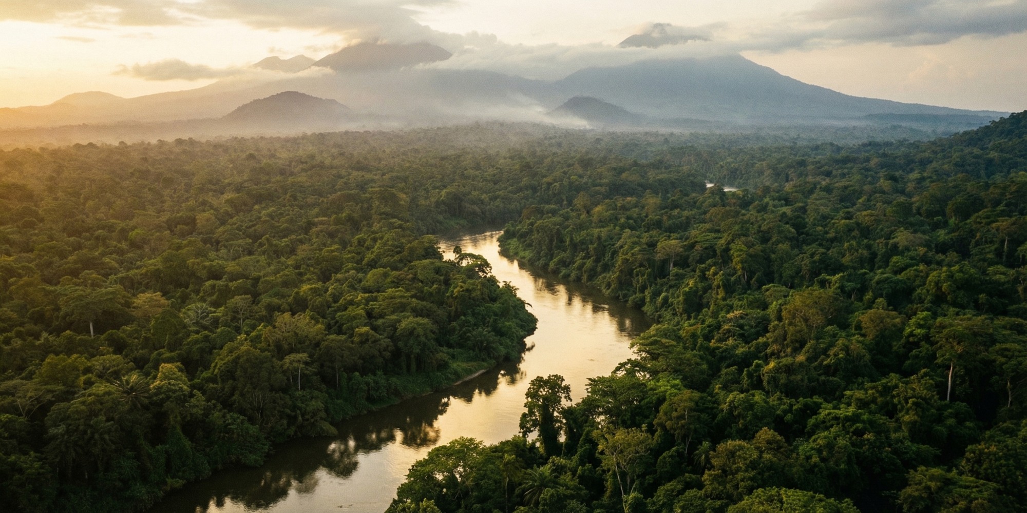 Aerial view of the lush equatorial forest and river valleys of eastern Democratic Republic of Congo at golden hour, with volcanic mountains visible in the distant haze