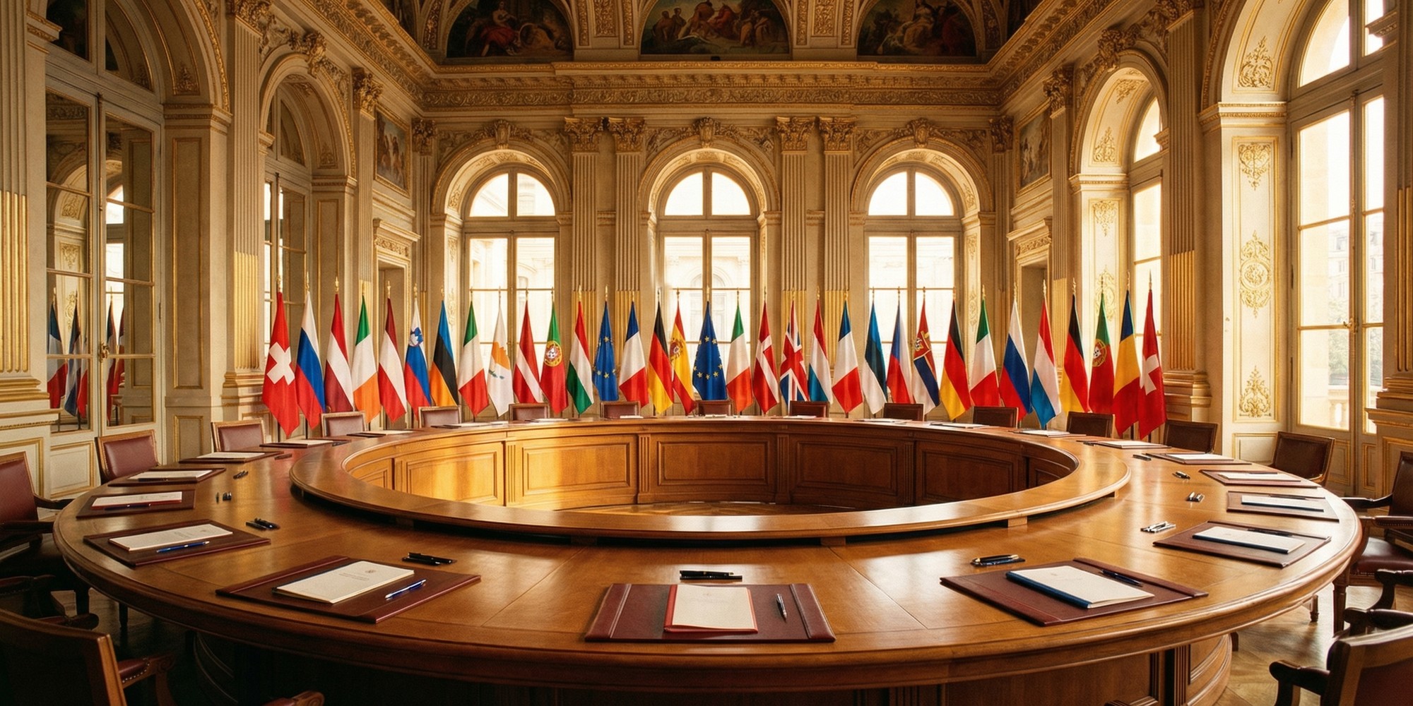 European diplomatic conference hall with national flags representing the EU-Switzerland Bilaterals III signing ceremony