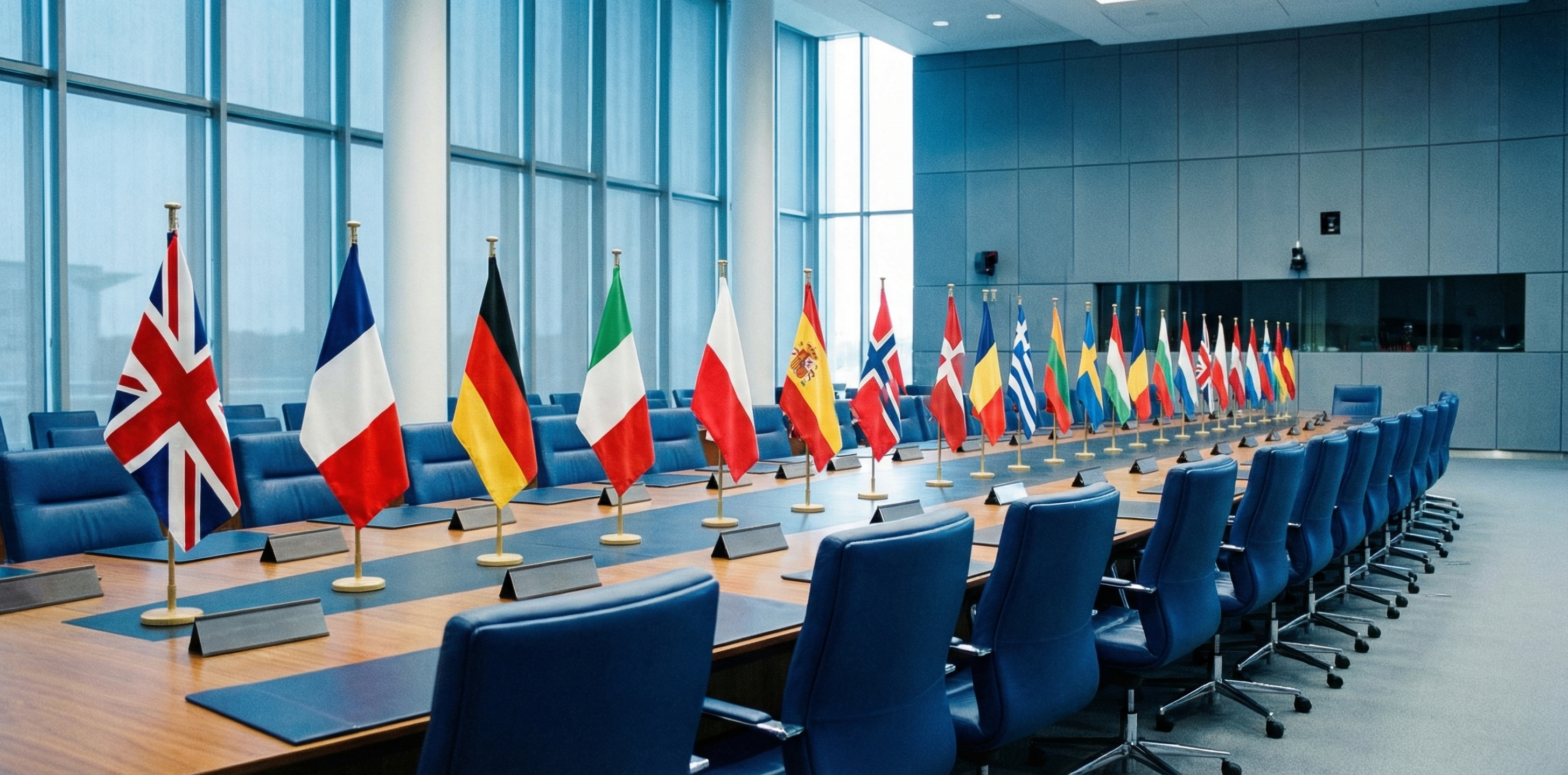 Empty chairs around a formal NATO summit conference table with European national flags arranged in a row, representing the diplomatic rift between European allies and Washington over the Iran conflict