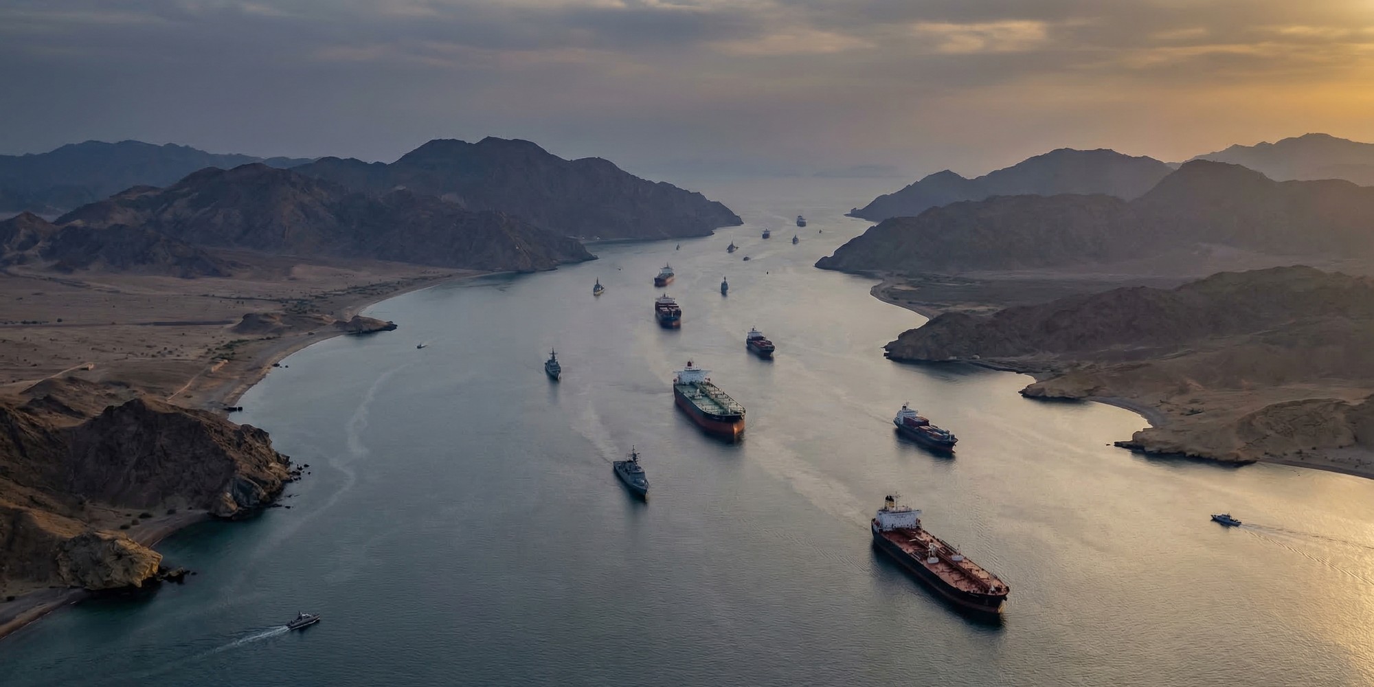 Aerial view of the Strait of Hormuz at dusk, the narrow strategic waterway between Iran and Oman with supertankers visible in the channel