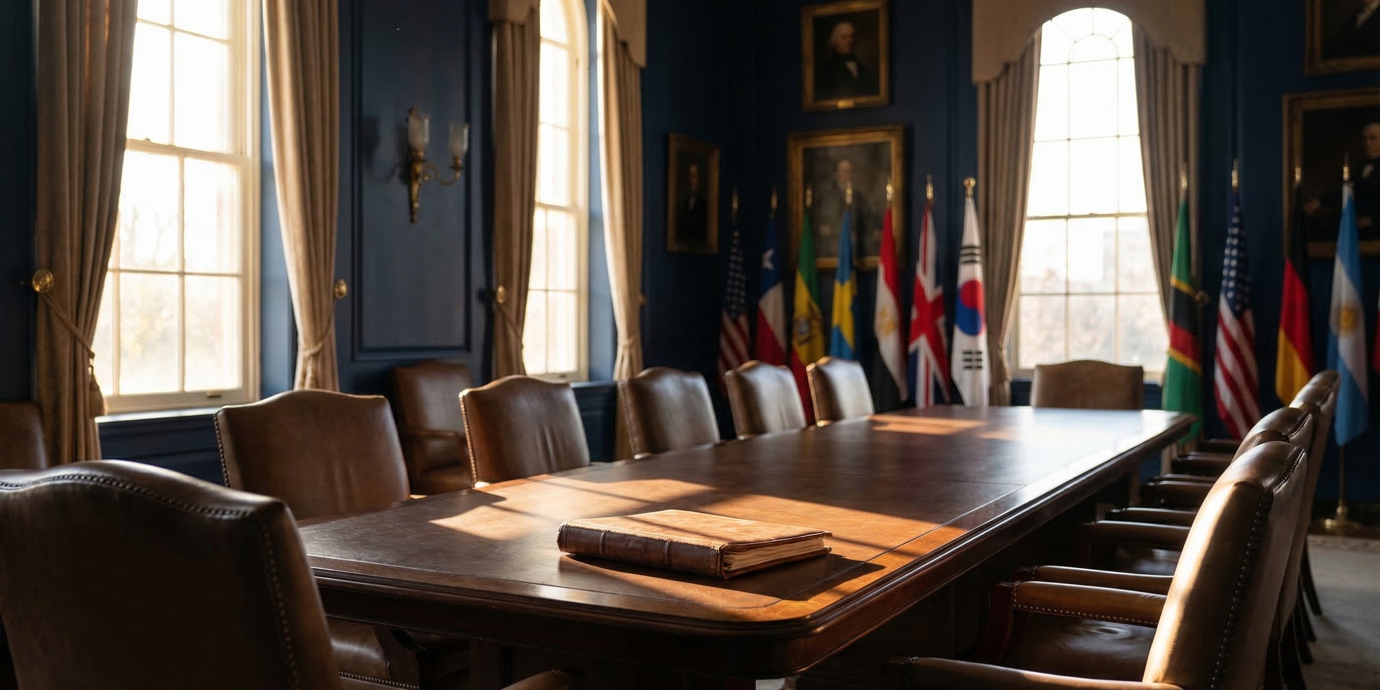Empty formal diplomatic conference room with ornate table, national flags in background, and a single closed leather binder — evoking the abandoned Geneva negotiations