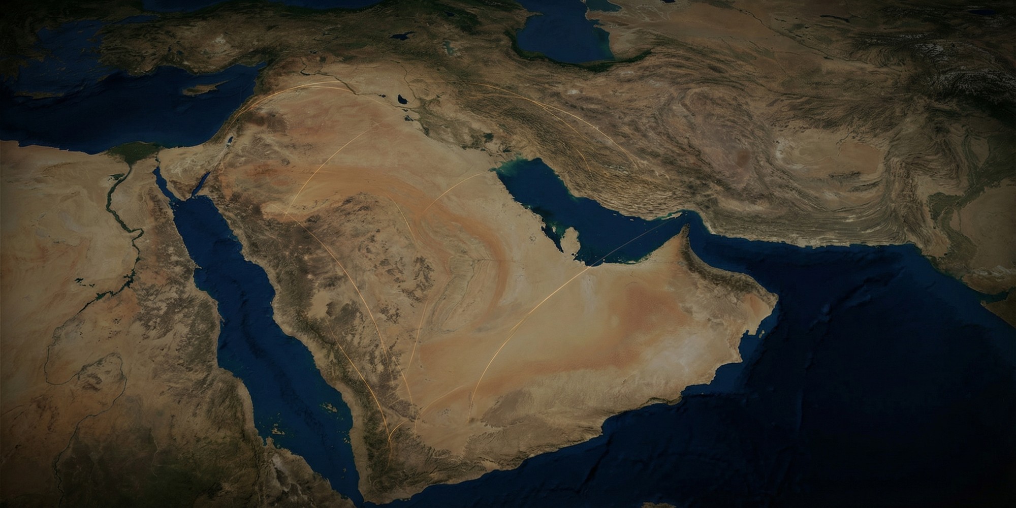 Aerial map visualization of the Middle East and Gulf region showing the Persian Gulf, Strait of Hormuz, Red Sea, and Arabian Peninsula