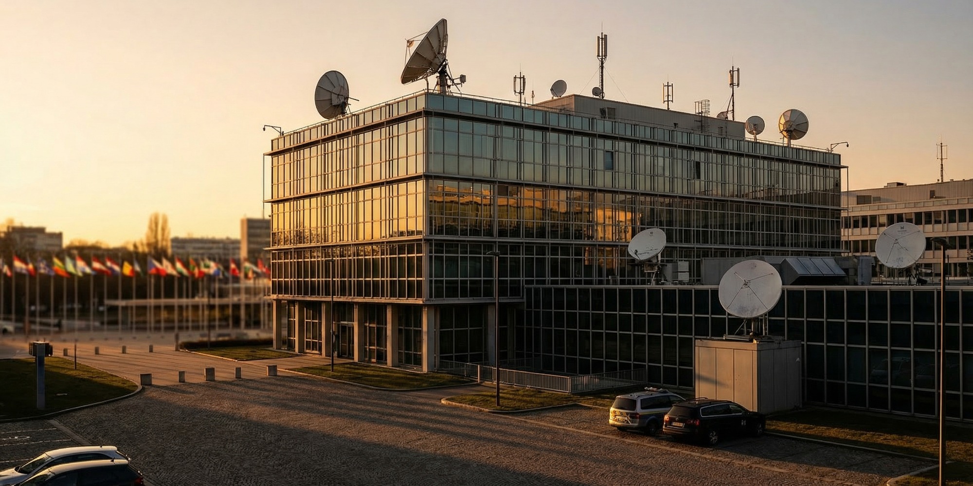 IAEA headquarters building in Vienna at dusk with institutional architecture and international monitoring infrastructure