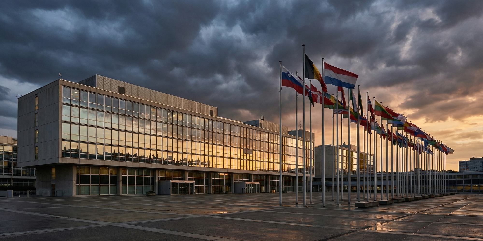 IAEA headquarters building in Vienna with international flags and dramatic sky, institutional architecture