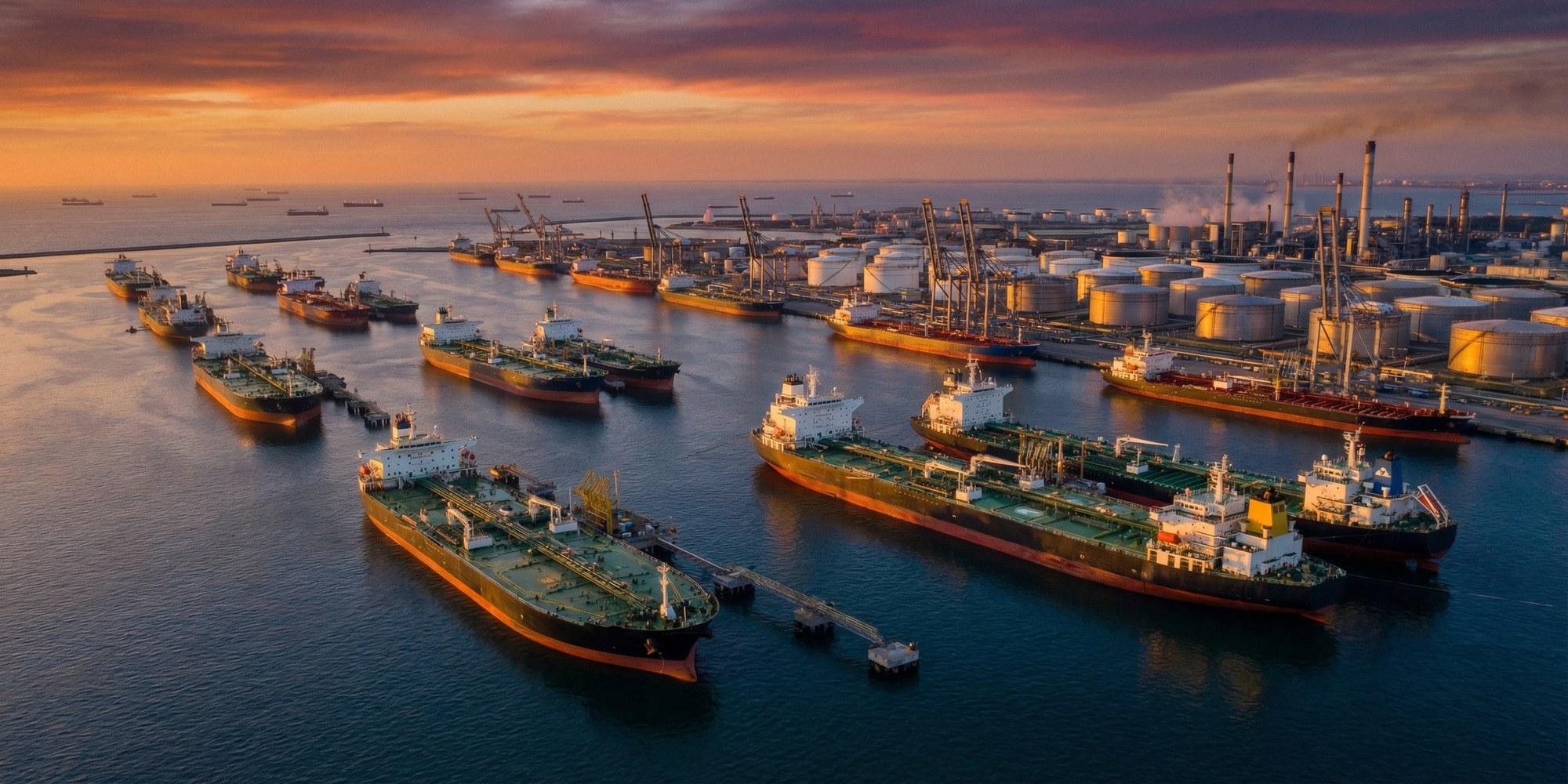 Aerial view of a maritime oil terminal at dusk with supertankers anchored in harbor and cylindrical storage tanks along the waterfront