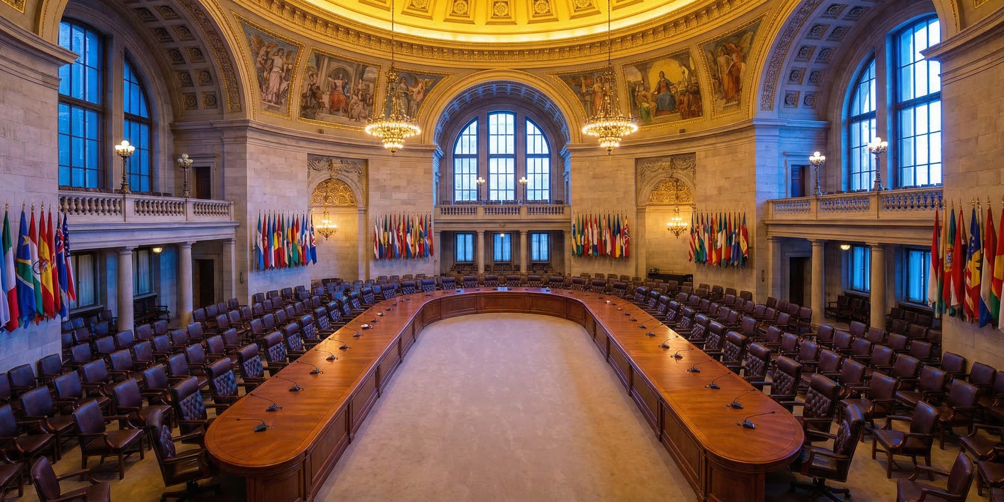 Empty United Nations General Assembly chamber with international flags, representing diplomatic stalemate