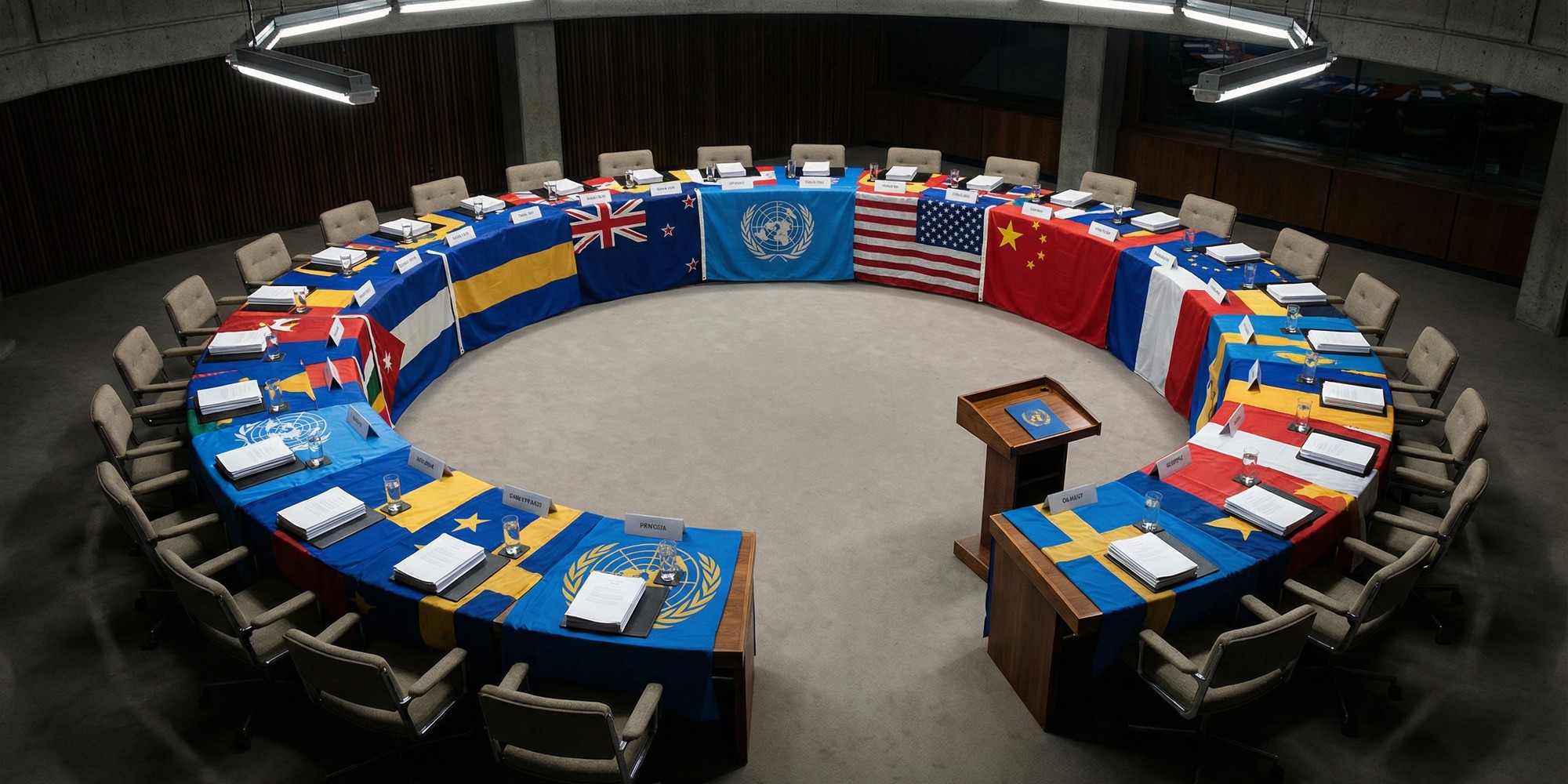 Diplomatic conference table draped in national flags at a UN-style setting, empty chairs under stark overhead lighting, papers and water glasses arranged in formal protocol — no participants present