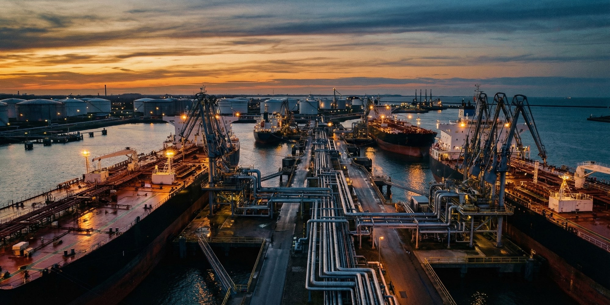 Aerial view of oil tankers at sea near a major port, long shadows cutting across industrial docking infrastructure at dusk