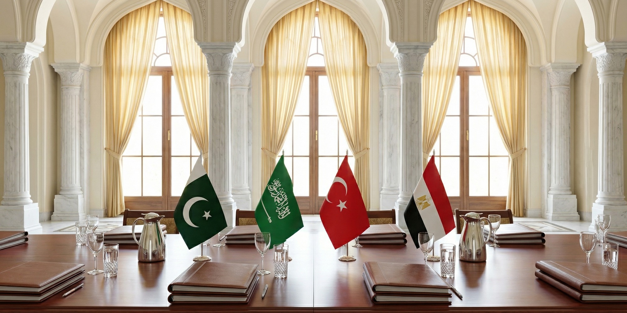 Formal diplomatic summit table with flags of multiple nations in an ornate South Asian government hall, document folders arranged on polished mahogany under warm golden light