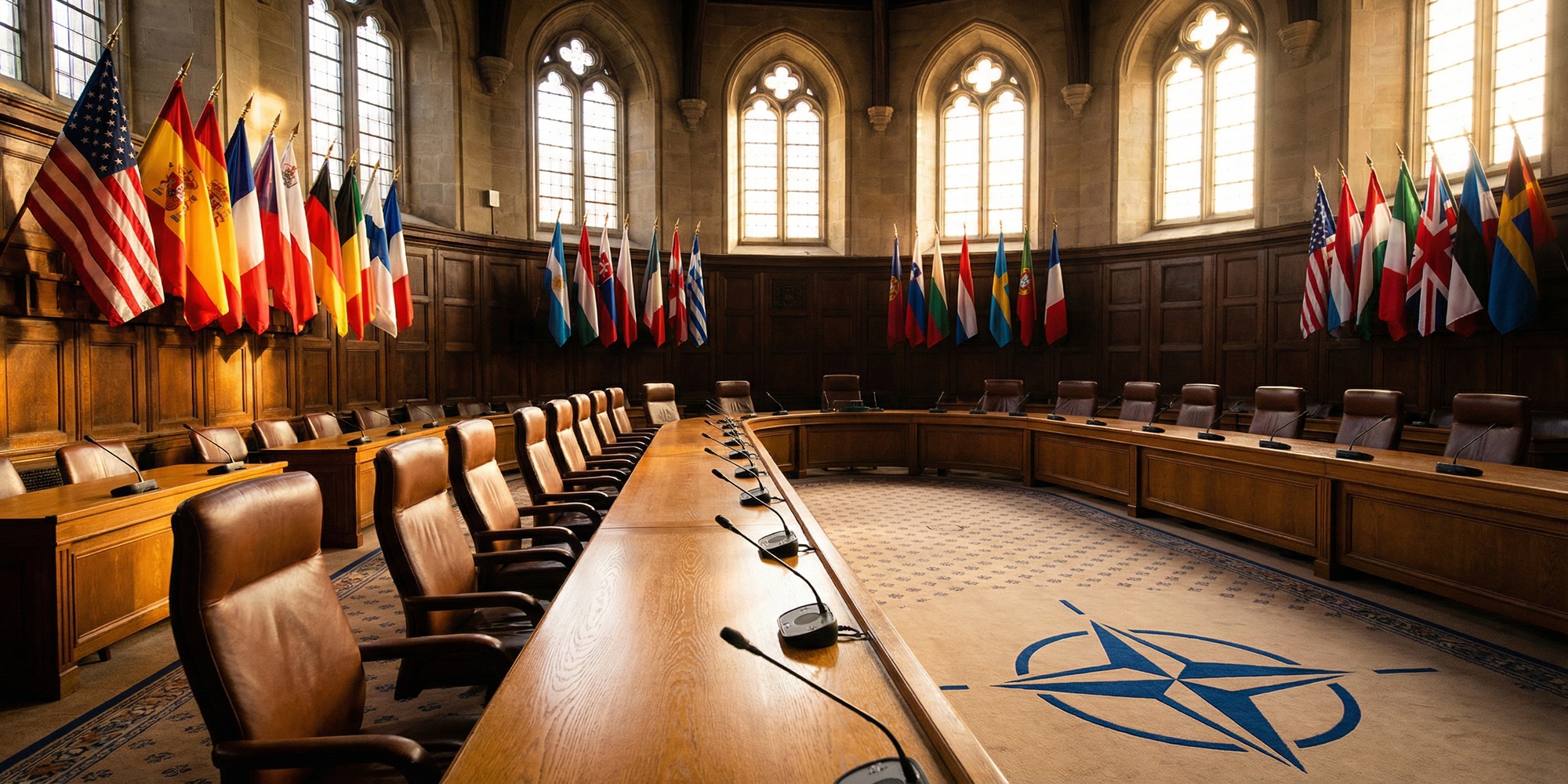 Formal NATO diplomatic conference hall with rows of national flags and an empty polished table under arched windows