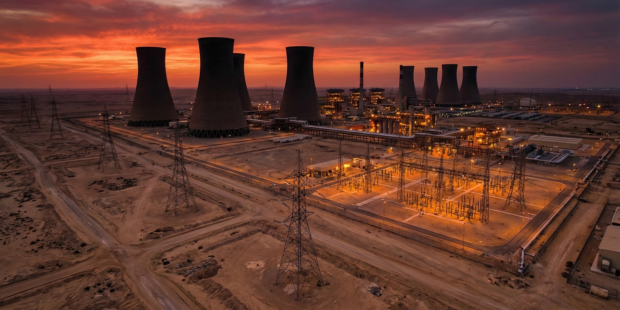 Aerial view of a massive industrial power plant complex at dusk, cooling towers silhouetted against an amber and crimson sky with high-voltage transmission lines crossing an arid landscape