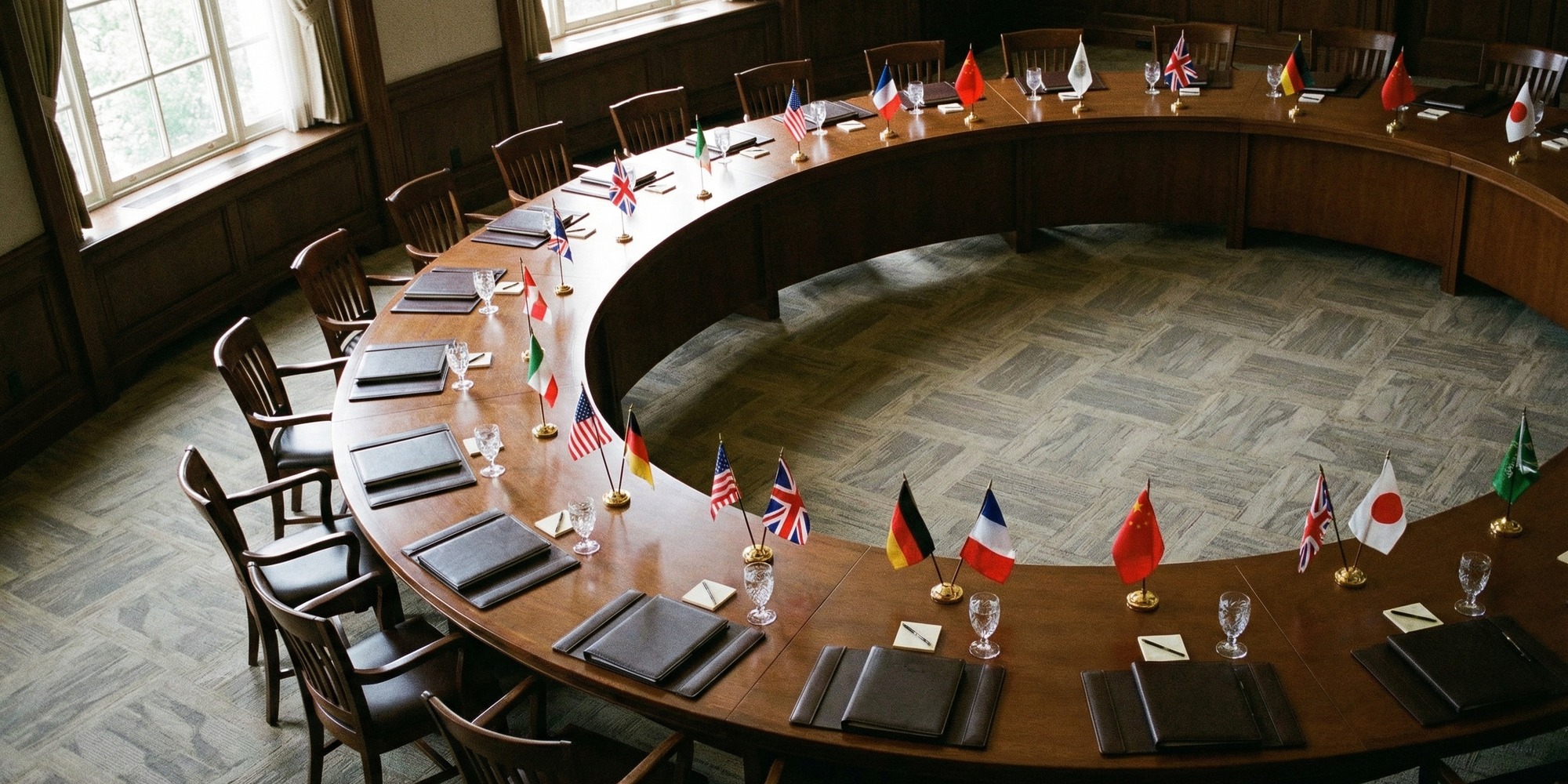 Empty diplomatic conference table with national flags and leather binders, aerial view, soft natural light