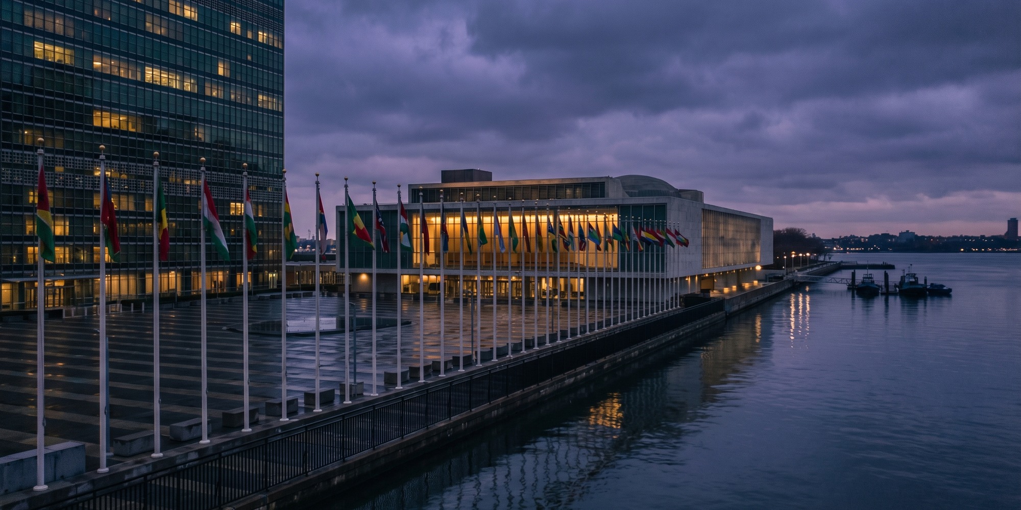 United Nations headquarters and flag plaza at dusk with no people