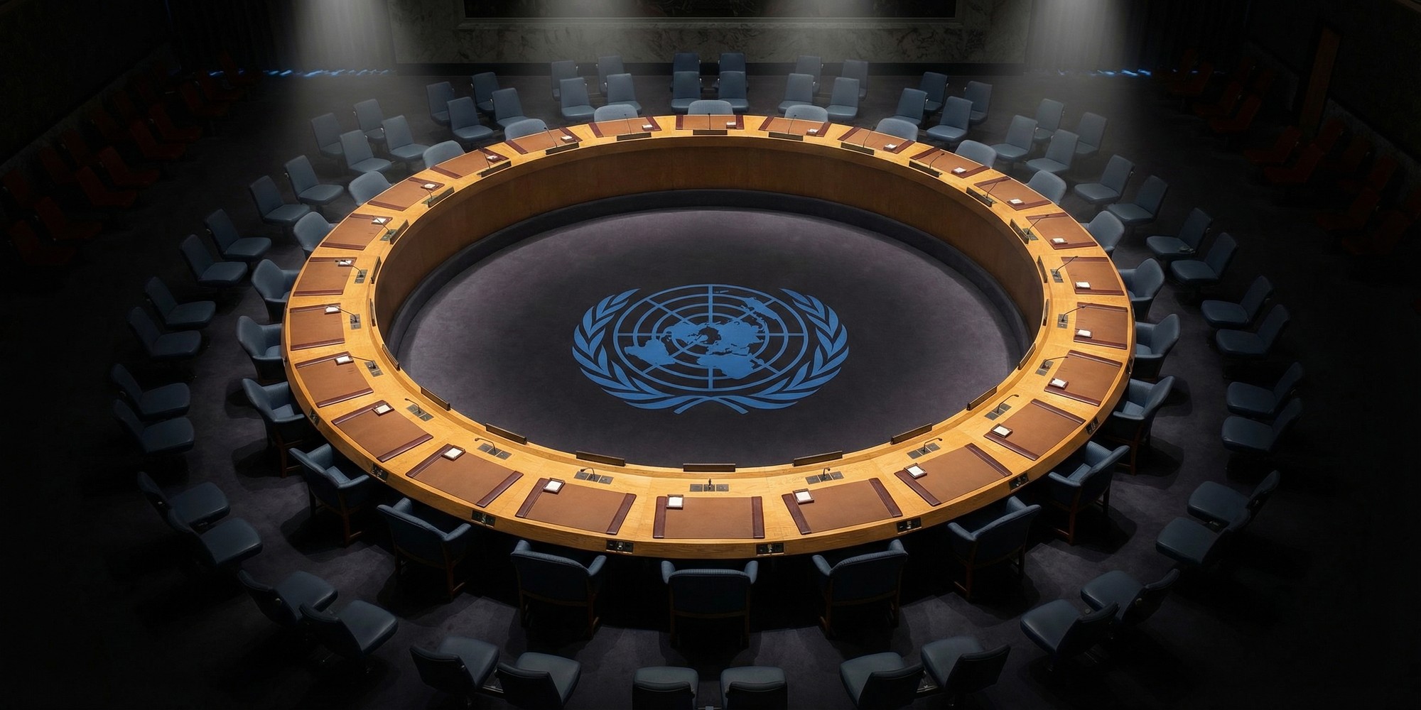 United Nations Security Council chamber with circular table and national nameplates, representing the diplomatic deadlock over the US-Israel-Iran conflict