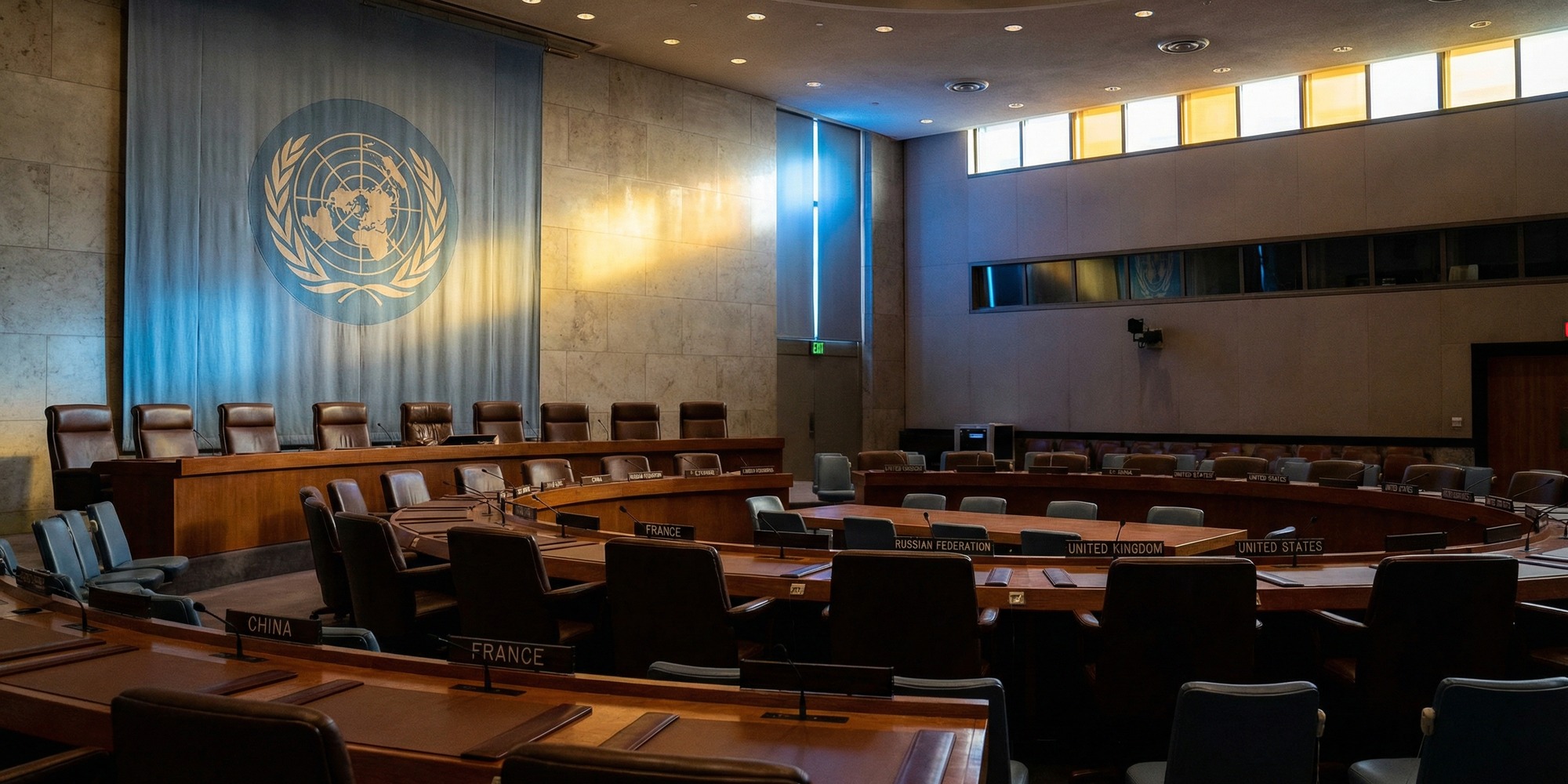UN Security Council chamber with empty delegation seats and name placards, blue and gold institutional lighting
