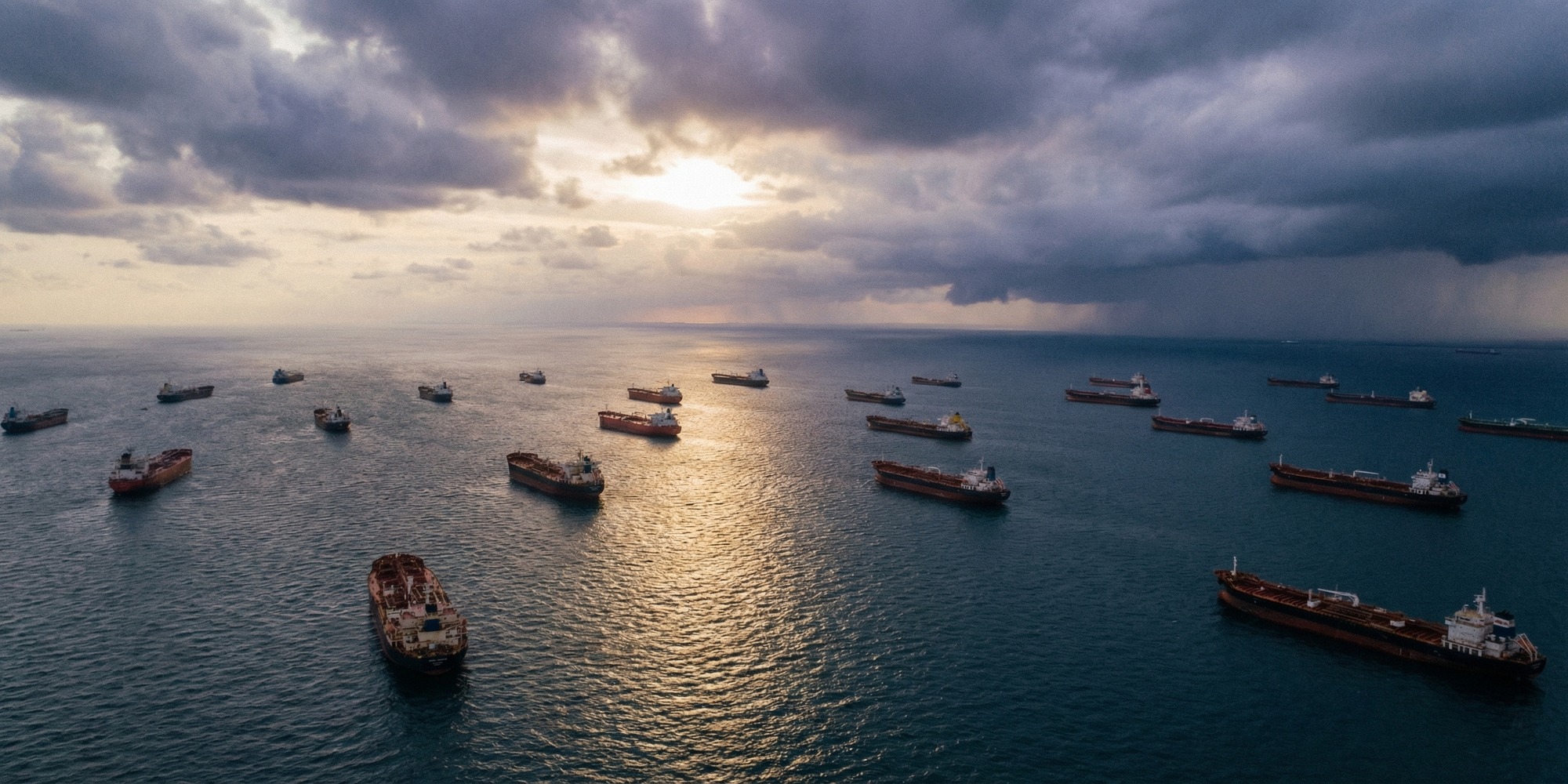 Fleet of oil tankers anchored at sea in a holding pattern under dramatic overcast skies, representing the suspended Russian crude cargoes at the centre of the G7 sanctions dispute