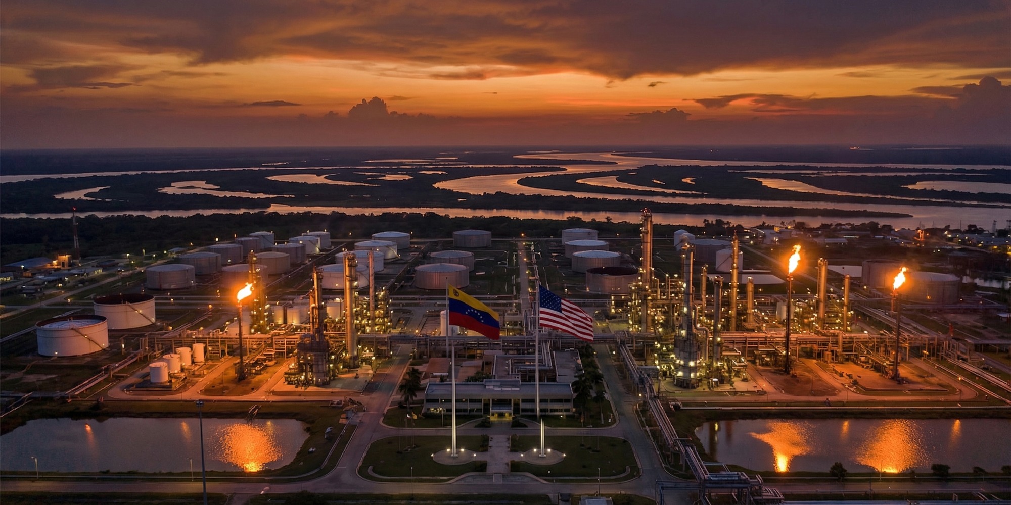 Venezuelan oil refinery and petrochemical complex at dusk, industrial storage tanks and flare stacks along the Orinoco River delta under a dramatic amber sky